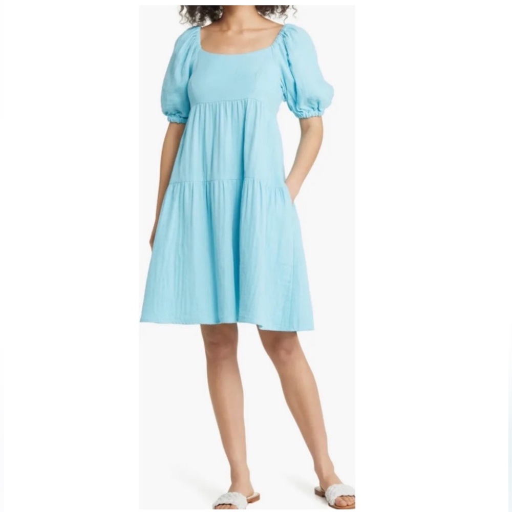 Caslon empire waist floaty tiered puff sleeve cotton dress in aqua, size XL